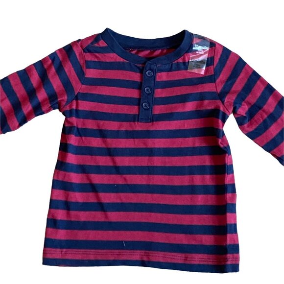 First Impressions Infant Apparel Long Sleeve Striped Shirt-Maroon/Blue-12M-NWT - Picture 2 of 5